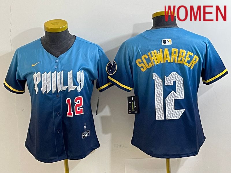 Women Philadelphia Phillies #12 Schwarber Blue City Edition Nike 2024 MLB Jersey style 2
